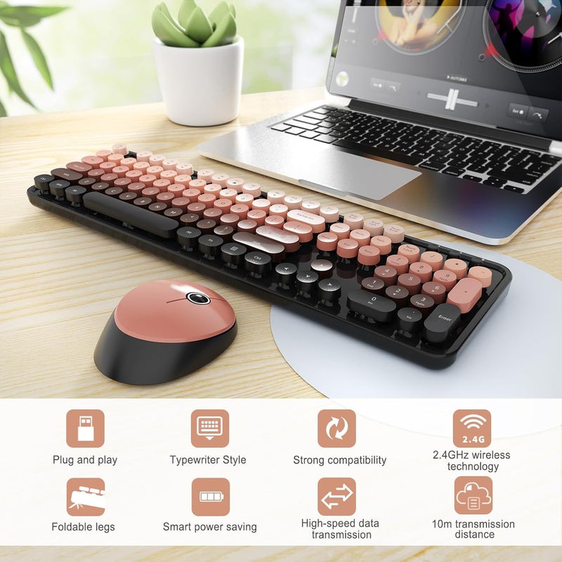 SkyGive Wireless Keyboard and Mouse Combo, Ergonomic Full Size Typewriter Retro Round Keycaps Keyboard, Compatible with Windows, PC, Perfer for Home and Office Keyboards (Aurora Red) - Image 2